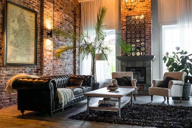 living-room-with-green-plants-and-brown-sofa-chairs
